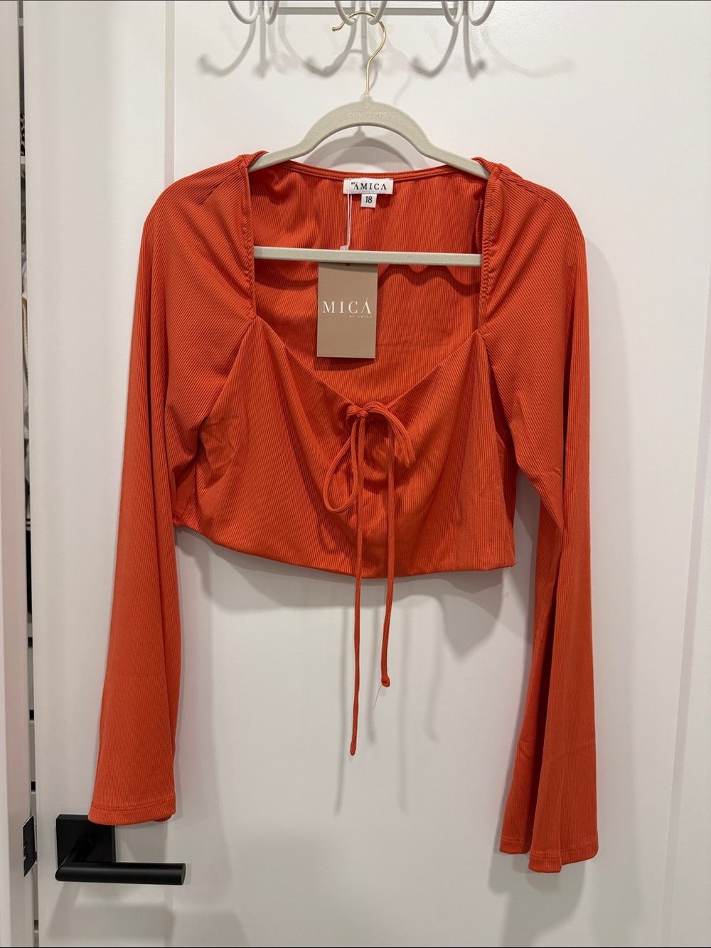 Orange Long-Sleeve Tie-Front Crop Top